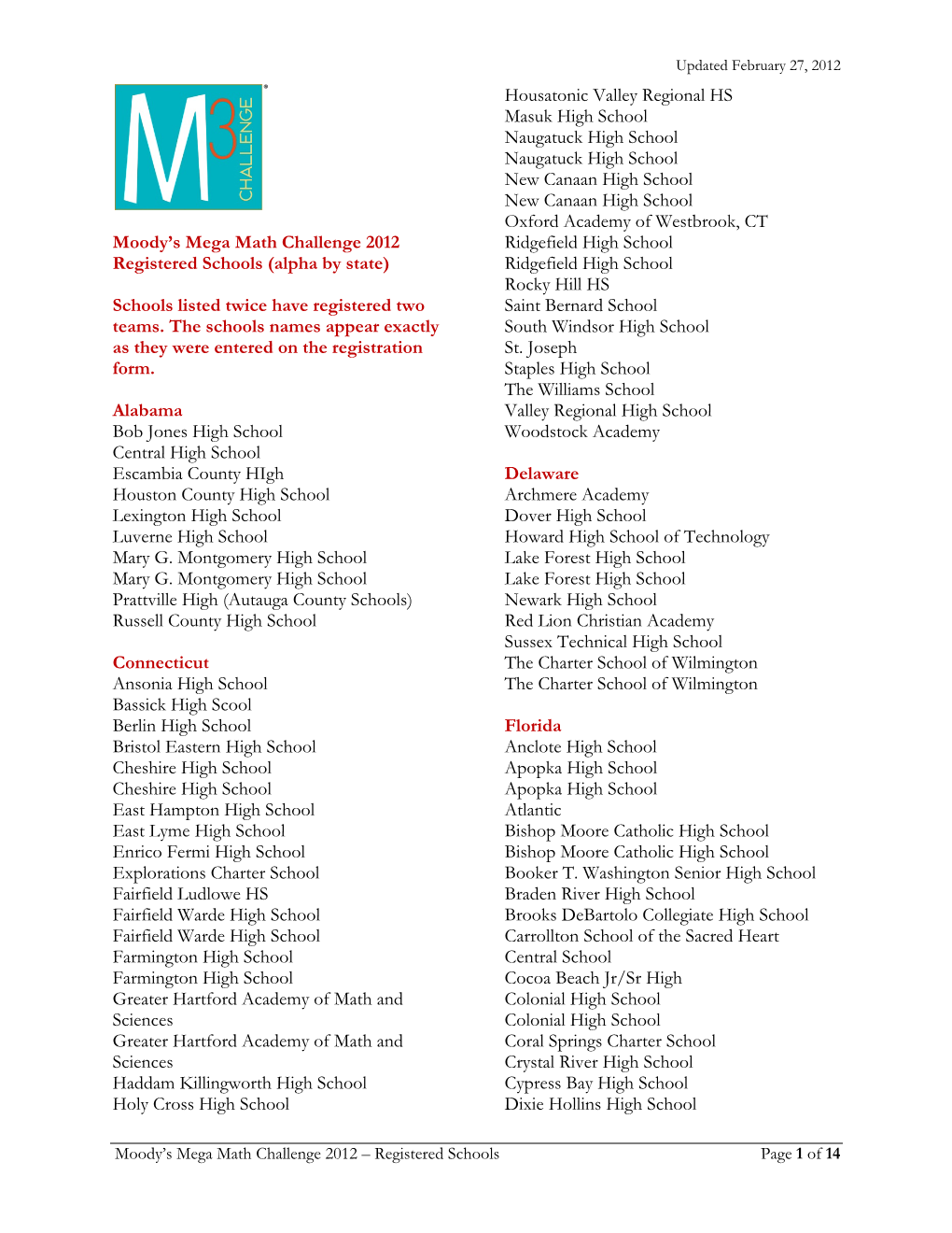 Moody's Mega Math Challenge 2012 Registered Schools (Alpha by State