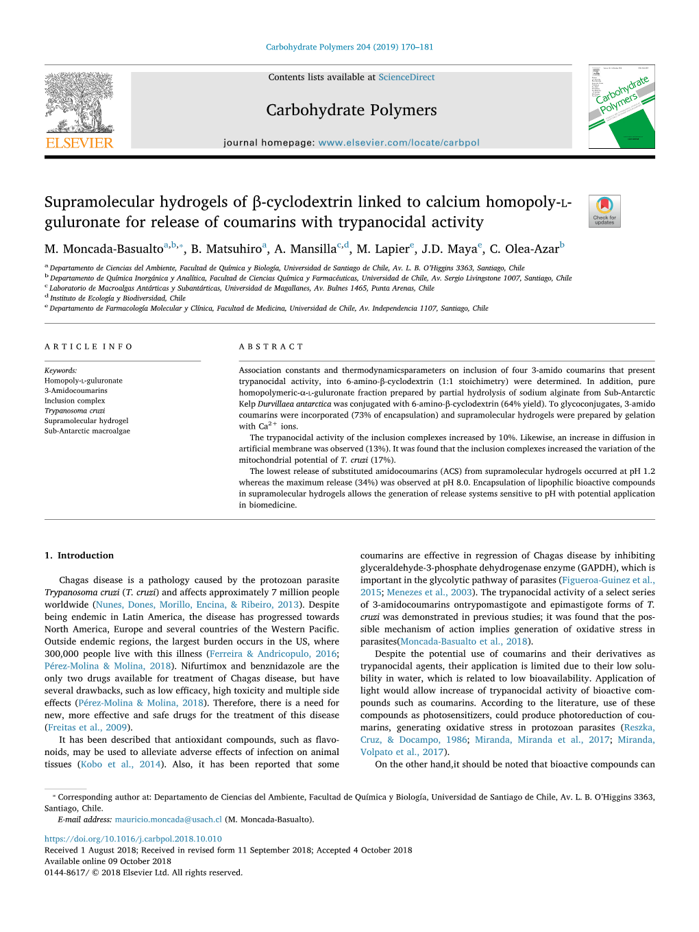 Supramolecular Hydrogels of Β-Cyclodextrin Linked to Calcium Homopoly-L- Guluronate for Release of Coumarins with Trypanocidal Activity T ⁎ M