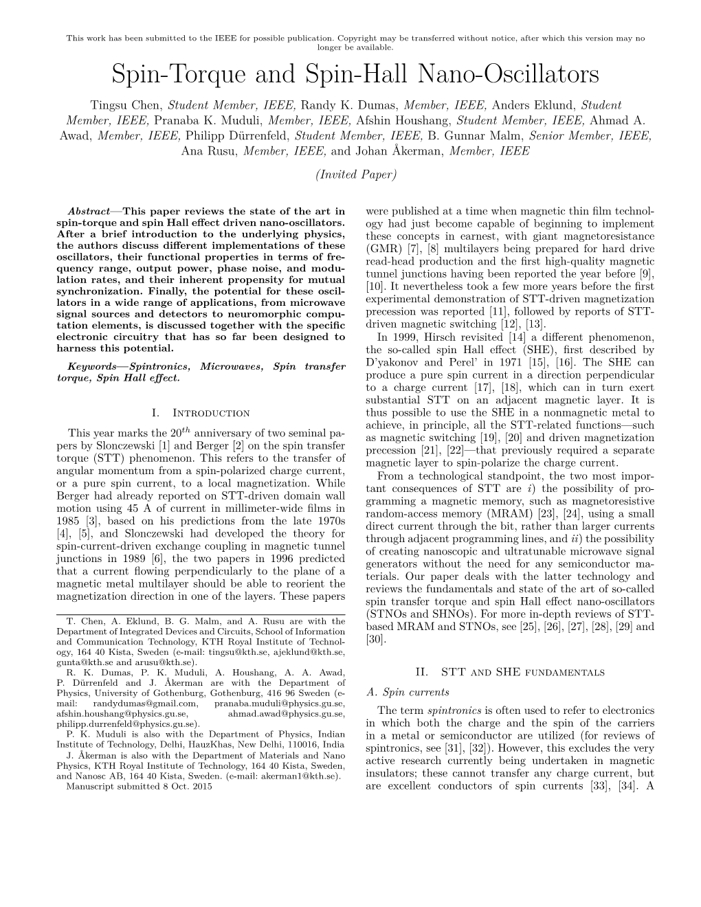 Spin-Torque and Spin-Hall Nano-Oscillators Tingsu Chen, Student Member, IEEE, Randy K