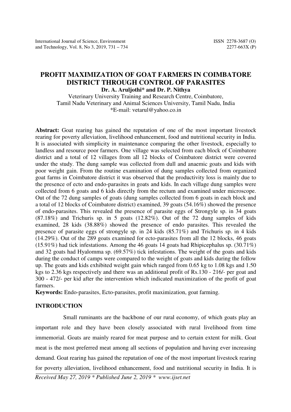PROFIT MAXIMIZATION of GOAT FARMERS in COIMBATORE DISTRICT THROUGH CONTROL of PARASITES Dr