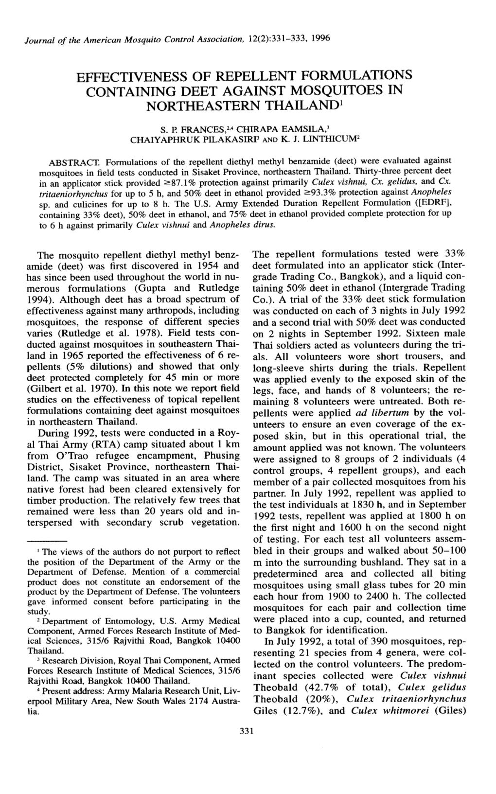 Effectiveness of Repellent Formulations Containing Deet Against Mosquitoes in Northeastern Thailand'