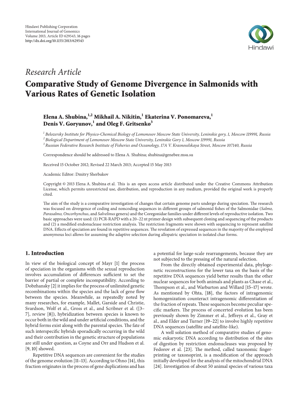 Research Article Comparative Study of Genome Divergence in Salmonids with Various Rates of Genetic Isolation