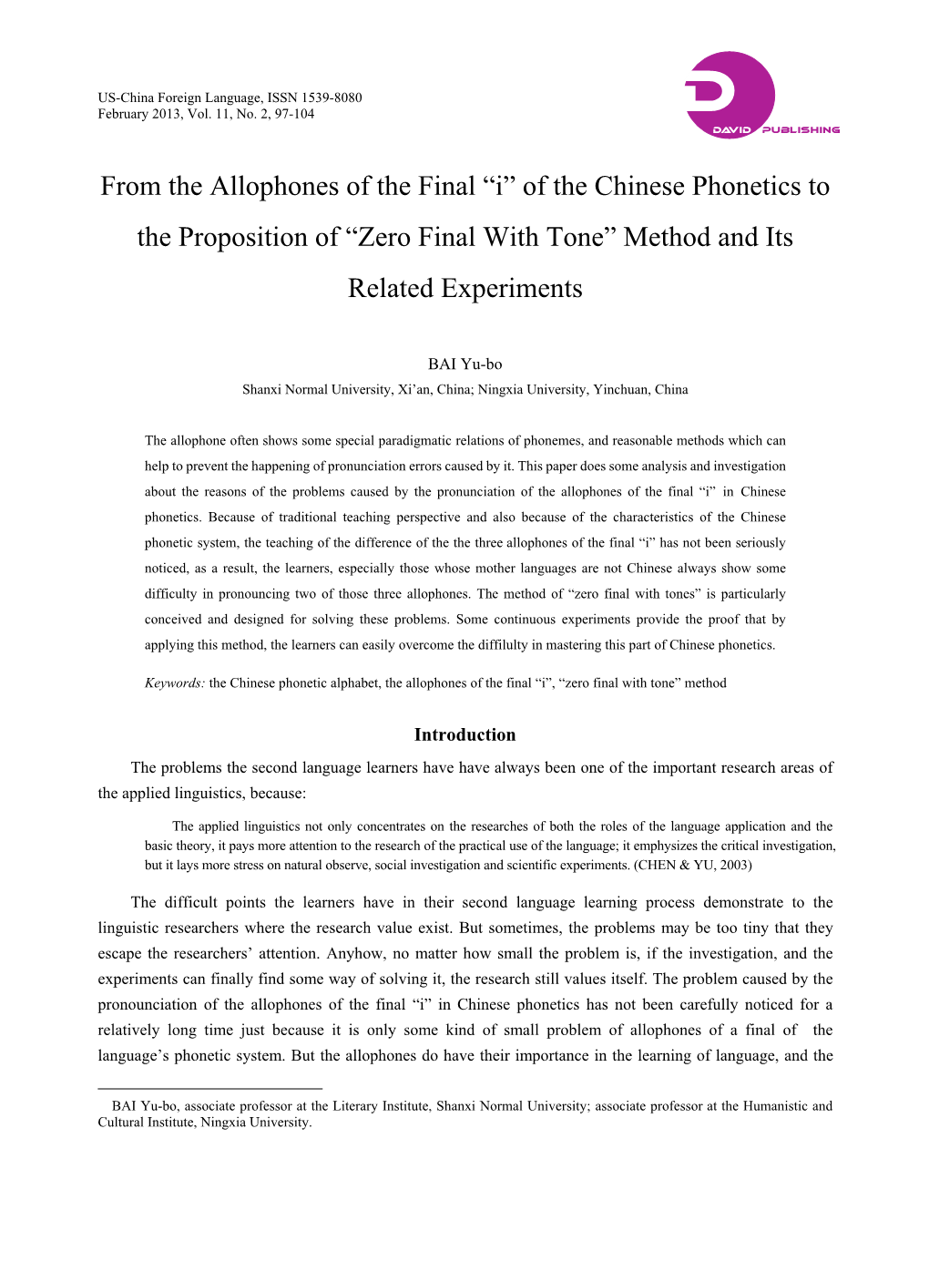 From the Allophones of the Final “I” of the Chinese Phonetics to the Proposition of “Zero Final with Tone” Method and Its Related Experiments