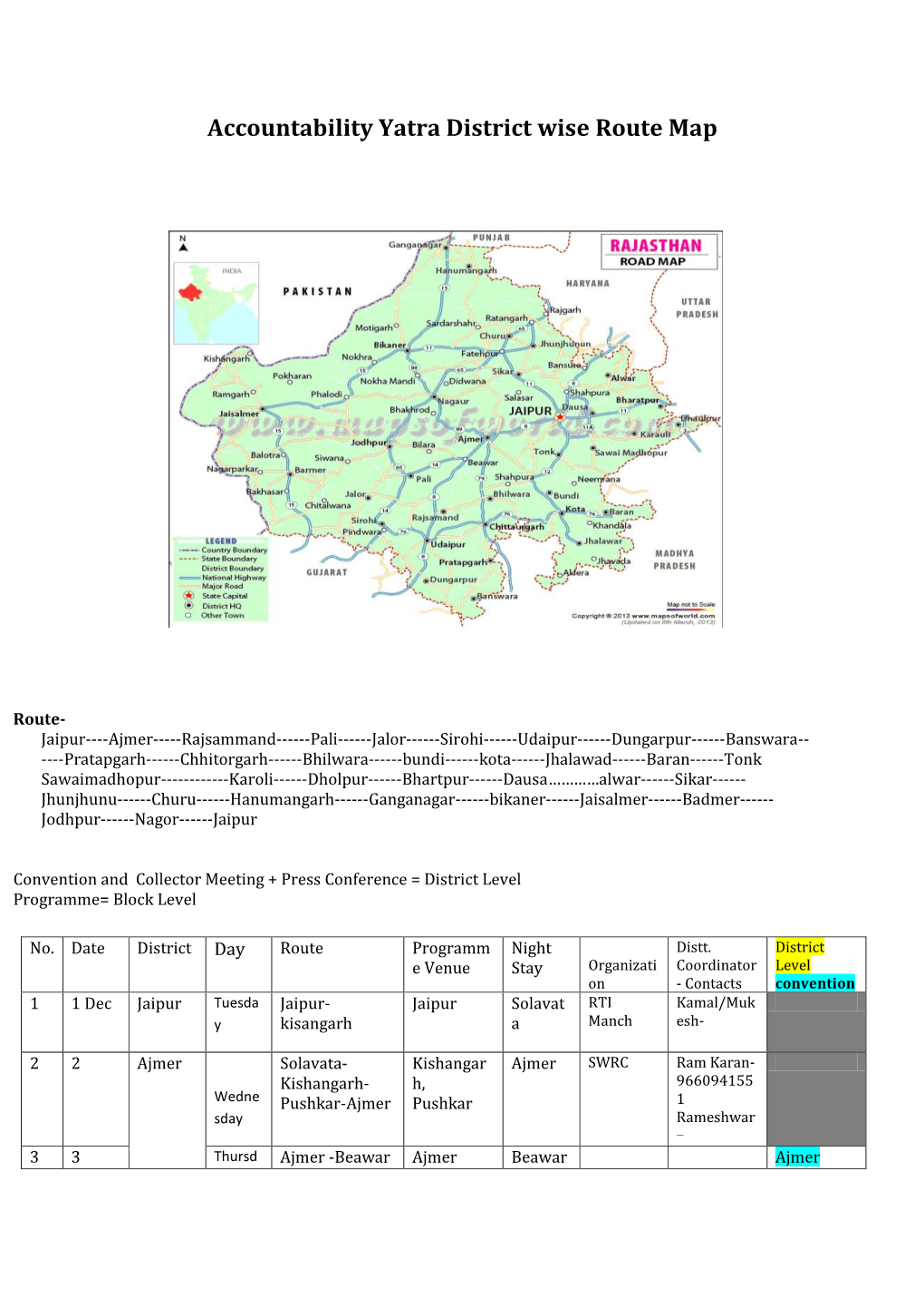 Accountability Yatra District Wise Route Map