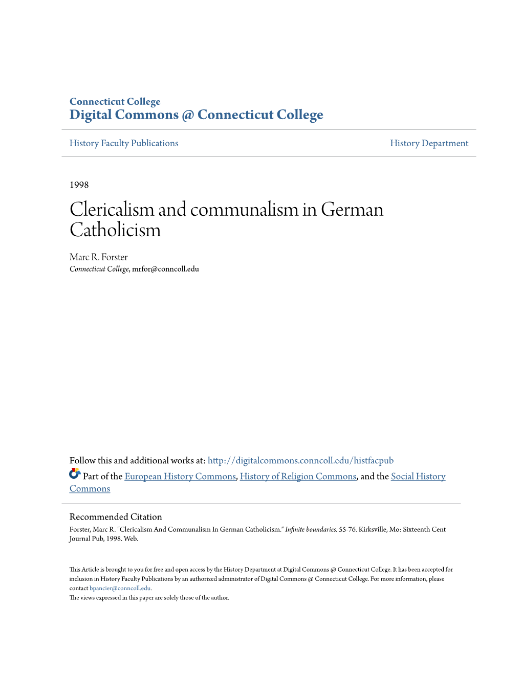 Clericalism and Communalism in German Catholicism Marc R