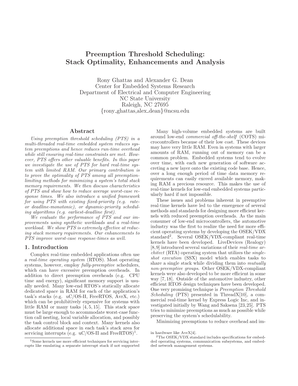 Preemption Threshold Scheduling: Stack Optimality, Enhancements and Analysis