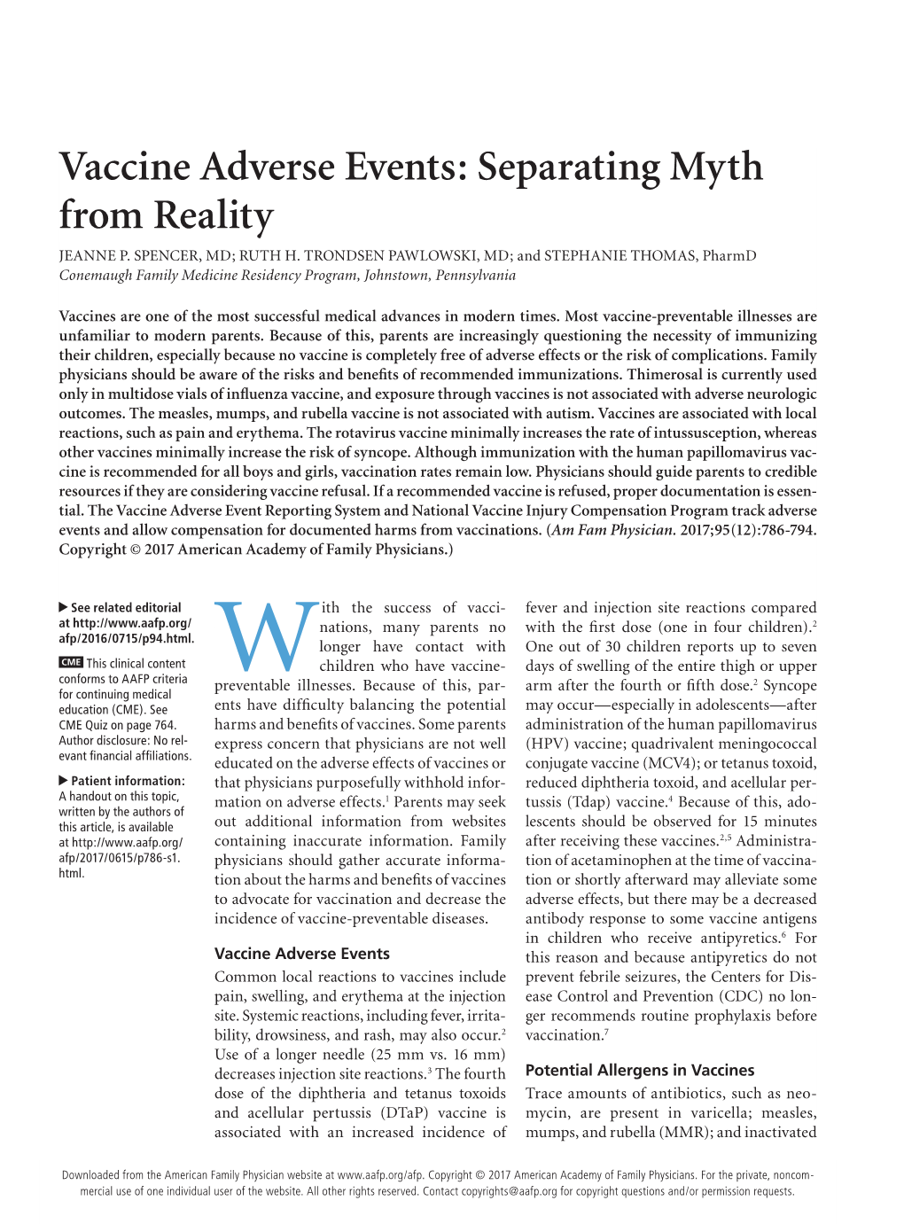 Vaccine Adverse Events: Separating Myth from Reality JEANNE P