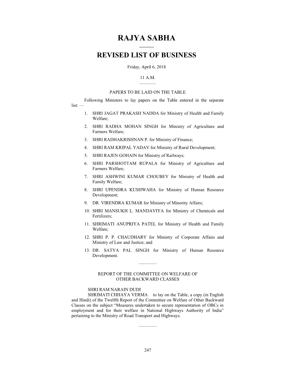 Rajya Sabha —— Revised List of Business