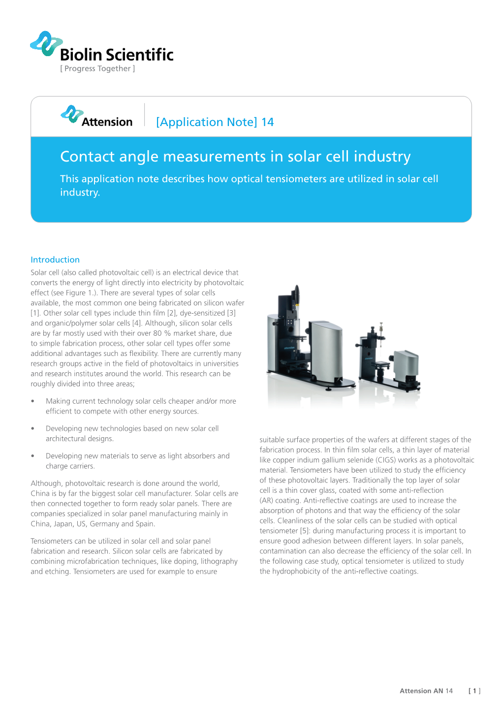 Contact Angle Measurements in Solar Cell Industry This Application Note Describes How Optical Tensiometers Are Utilized in Solar Cell Industry