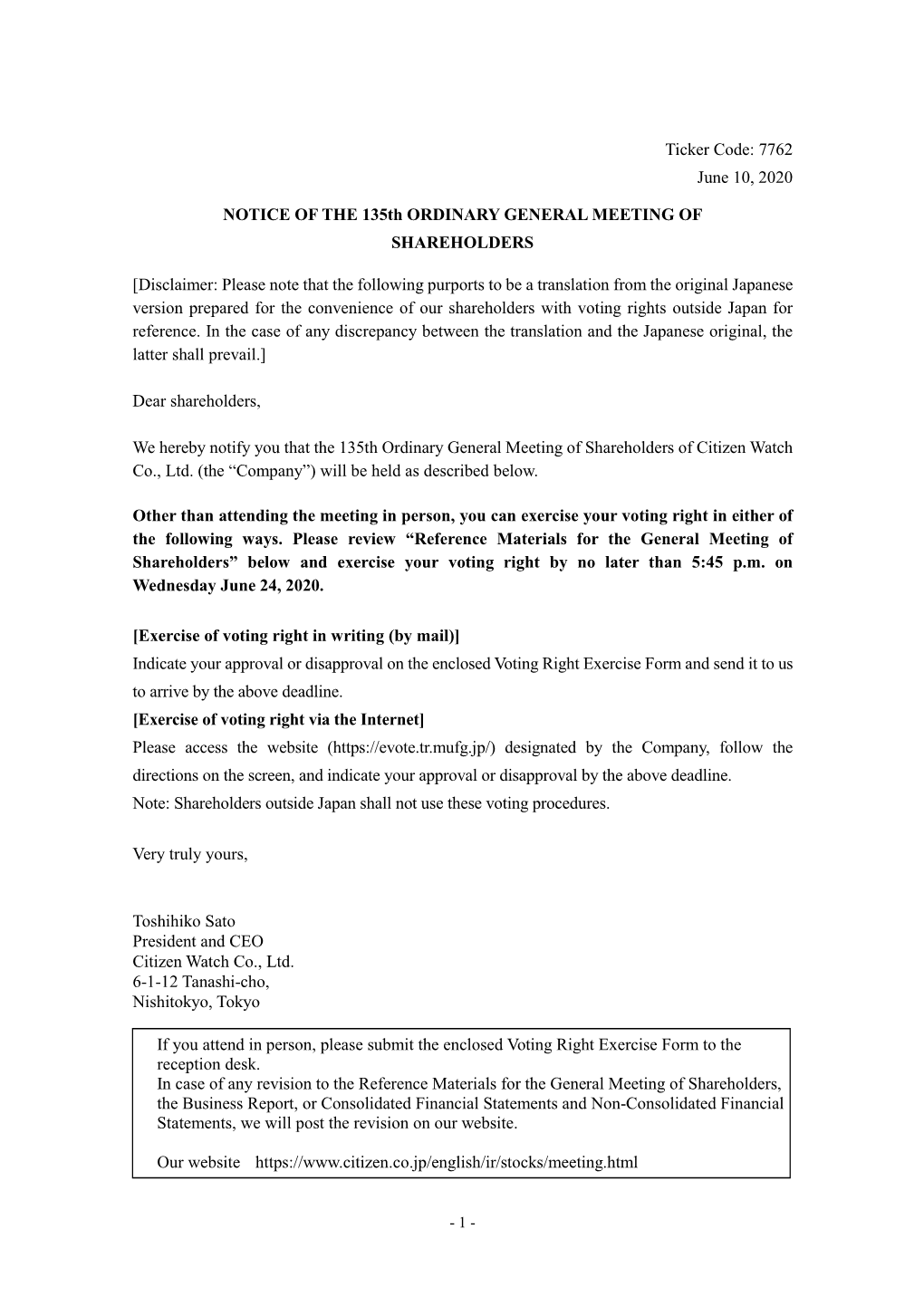 Notice of the 135Th Ordinary General Meeting of Shareholders (PDF:843KB)