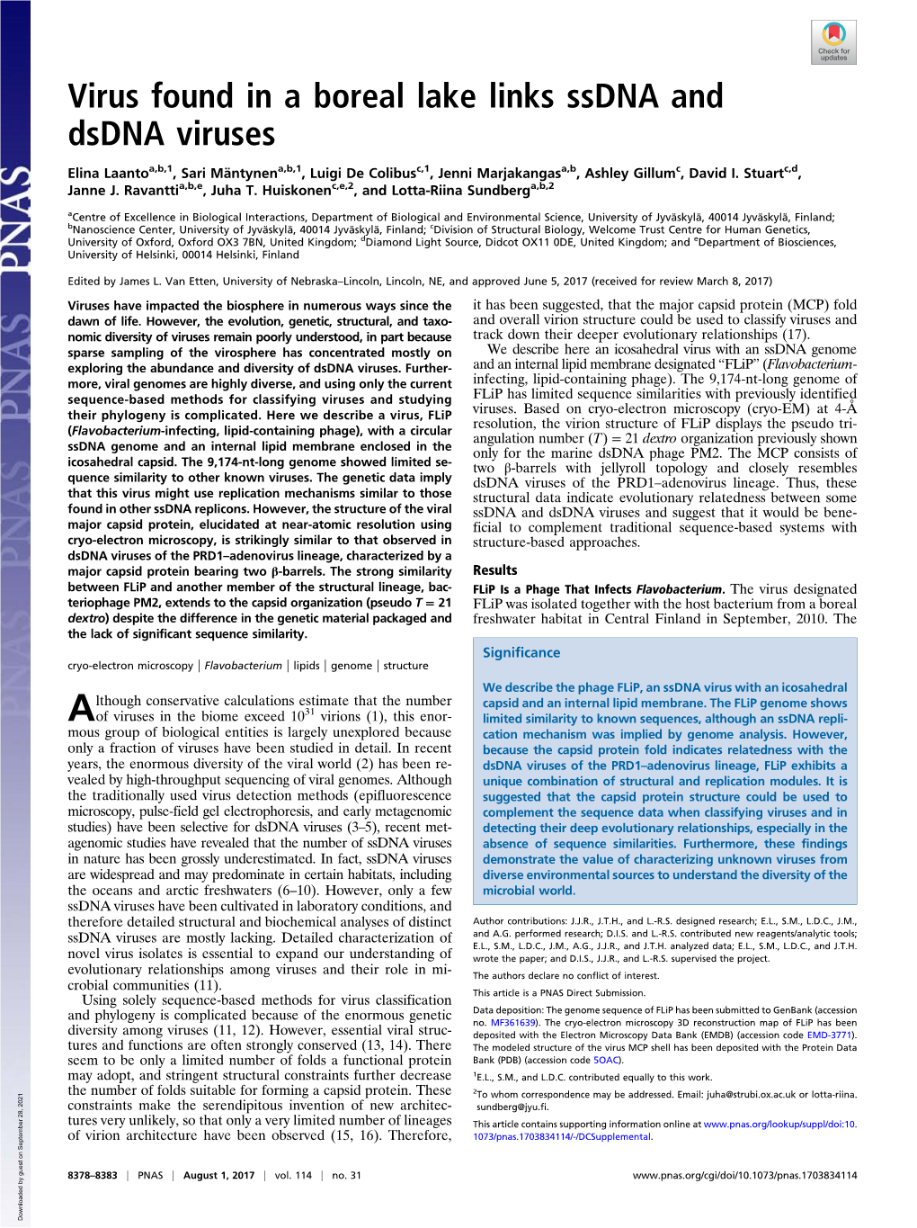 Virus Found in a Boreal Lake Links Ssdna and Dsdna Viruses