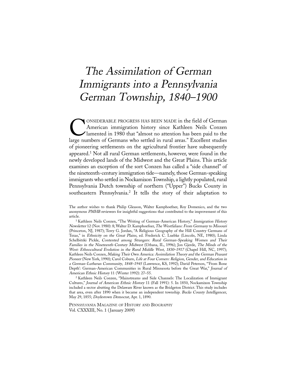 The Assimilation of German Immigrants Into a Pennsylvania German Township, 1840–1900