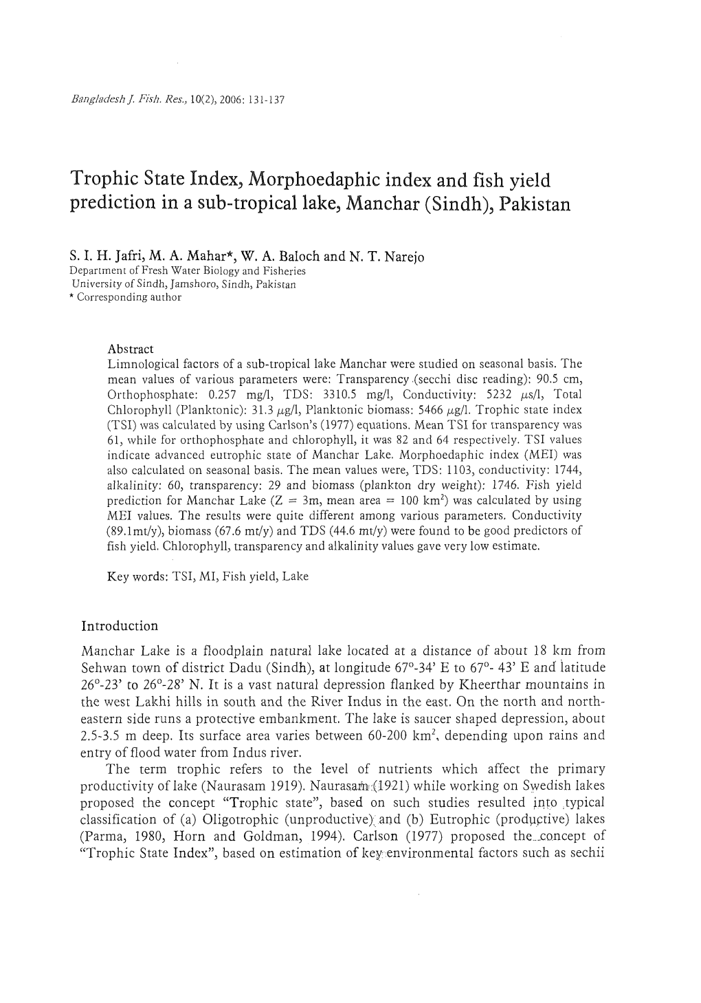 Trophic State Index, Morphoedaphic Index and Fish Yield Prediction in a Sub-Tropical Lake, Manchar (Sindh), Pakistan