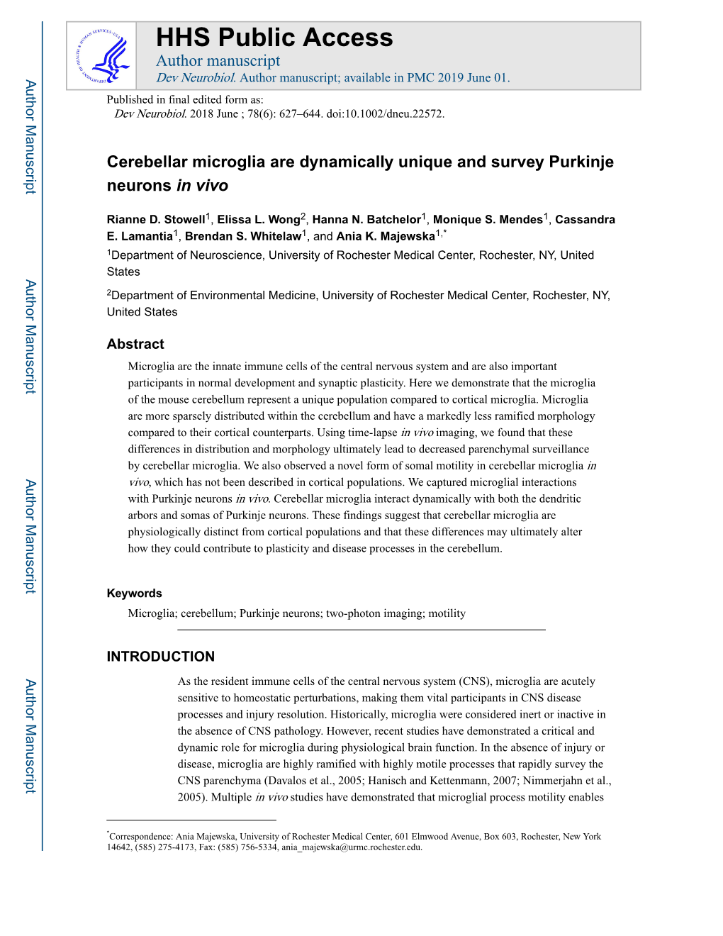 Cerebellar Microglia Are Dynamically Unique and Survey Purkinje Neurons in Vivo