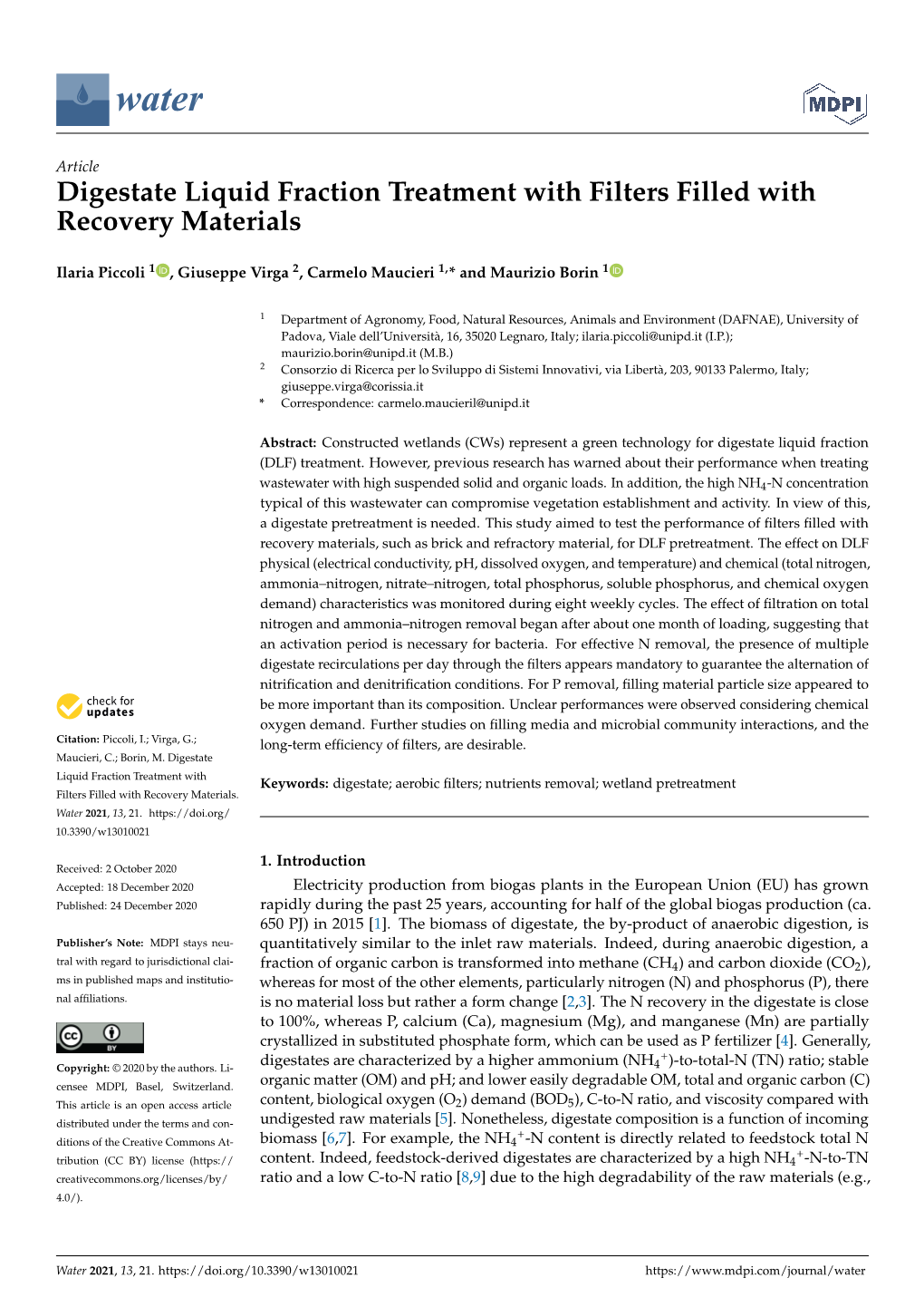 Digestate Liquid Fraction Treatment with Filters Filled with Recovery Materials