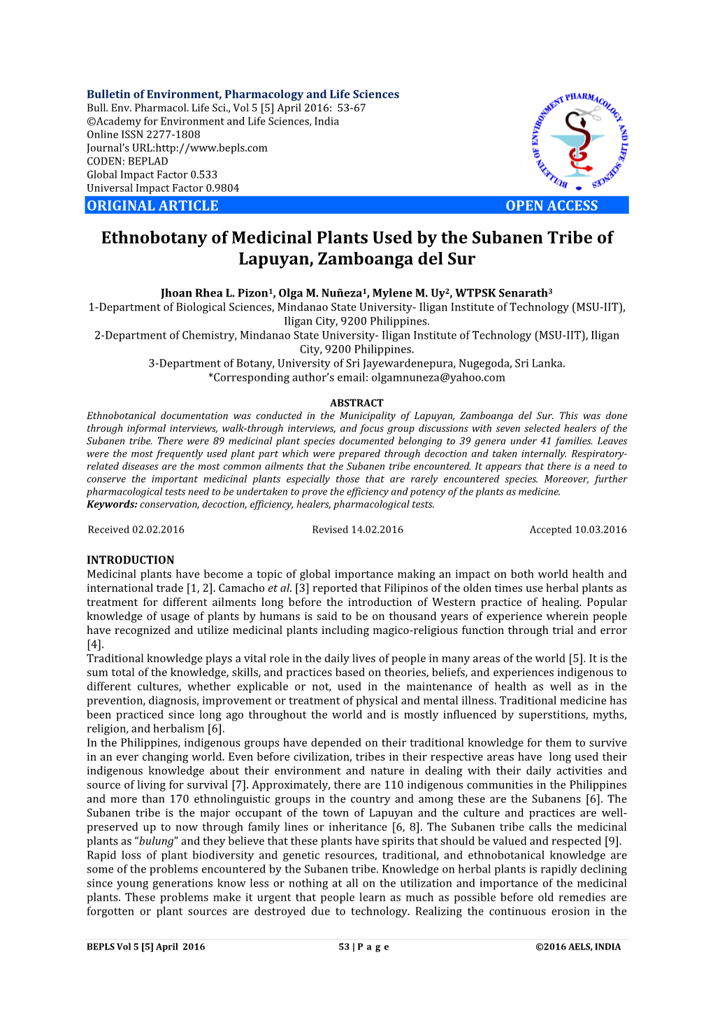 Ethnobotany of Medicinal Plants Used by the Subanen Tribe of Lapuyan, Zamboanga Del Sur