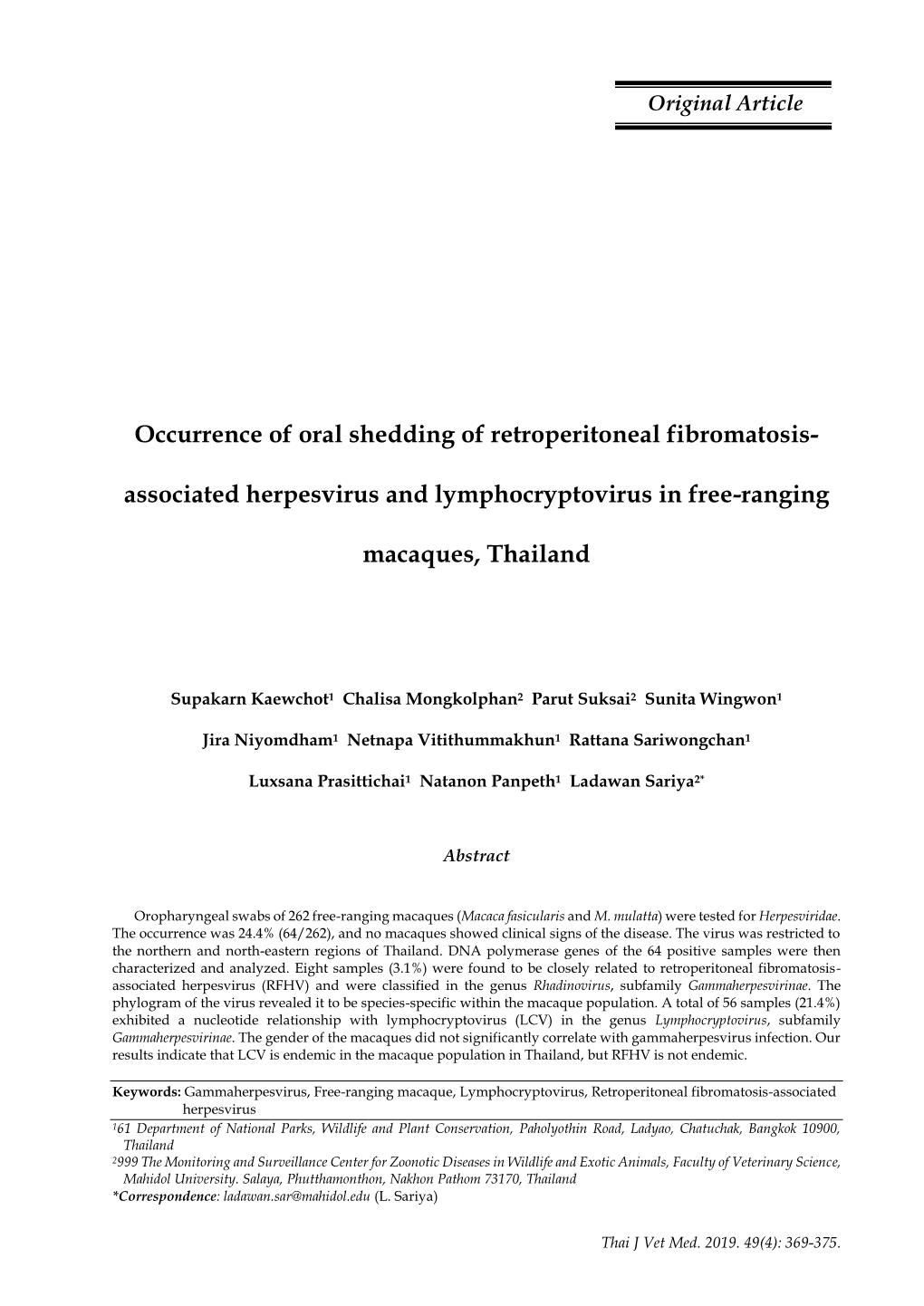 Associated Herpesvirus and Lymphocryptovirus in Free-Ranging