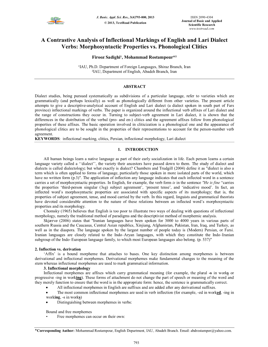 A Contrastive Analysis of Inflectional Markings of English and Lari Dialect Verbs: Morphosyntactic Properties Vs