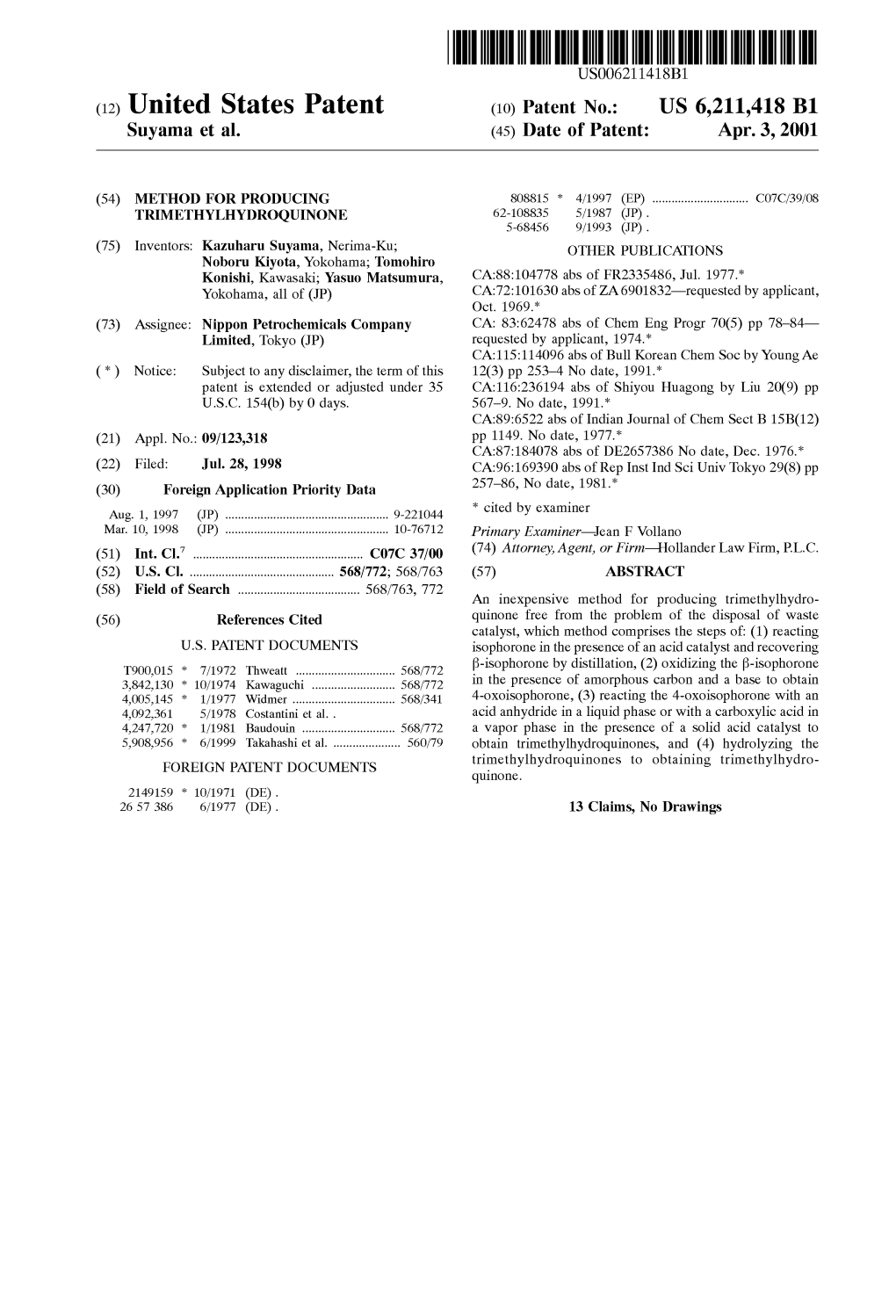 (12) United States Patent (10) Patent No.: US 6,211,418 B1 Suyama Et Al