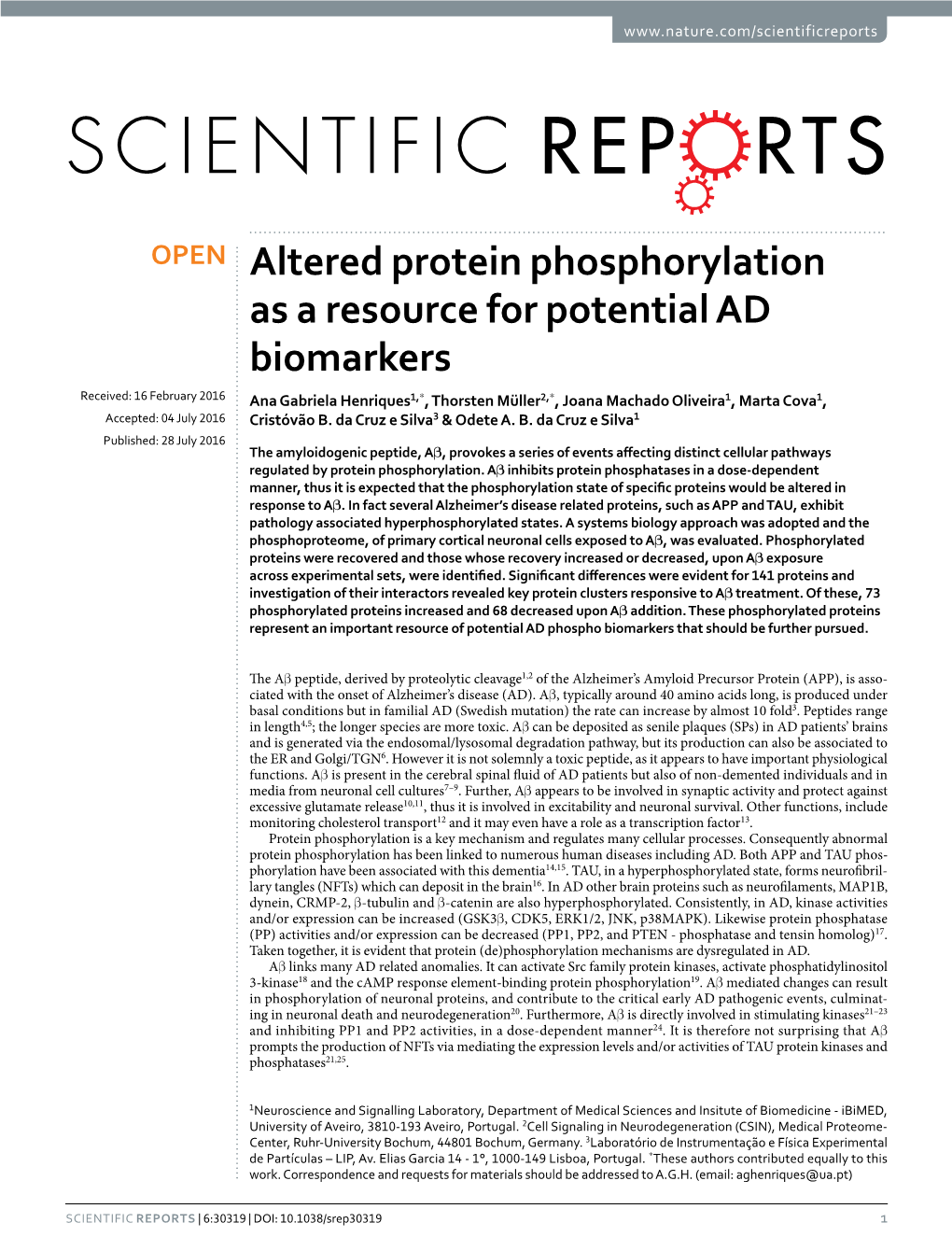 Altered Protein Phosphorylation As a Resource for Potential AD Biomarkers