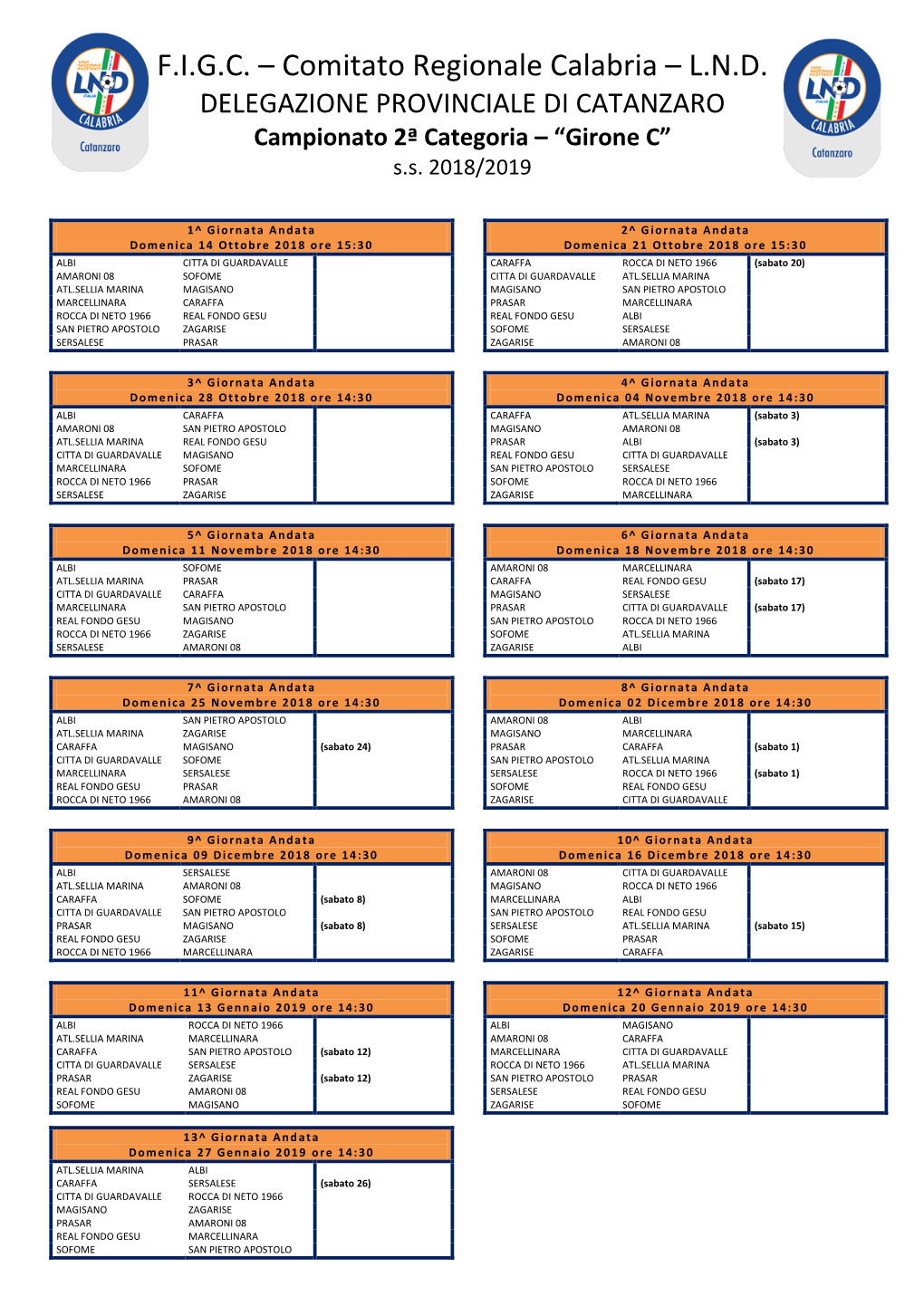 F.I.G.C. – Comitato Regionale Calabria – L.N.D. DELEGAZIONE PROVINCIALE DI CATANZARO Campionato 2ª Categoria – “Girone C” S.S