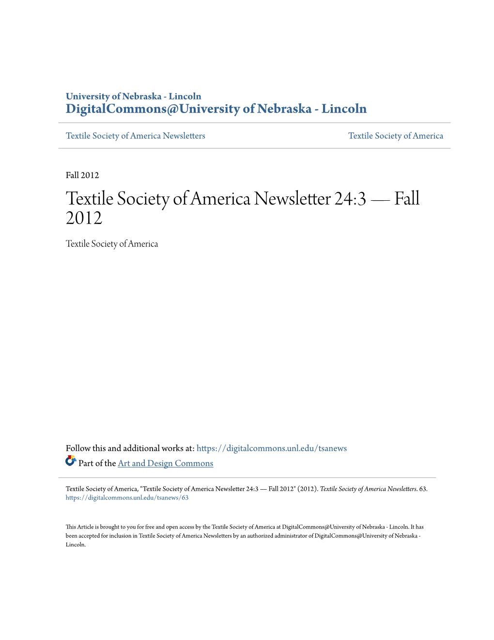 Fall 2012 Textile Society of America Newsletter 24:3 — Fall 2012 Textile Society of America