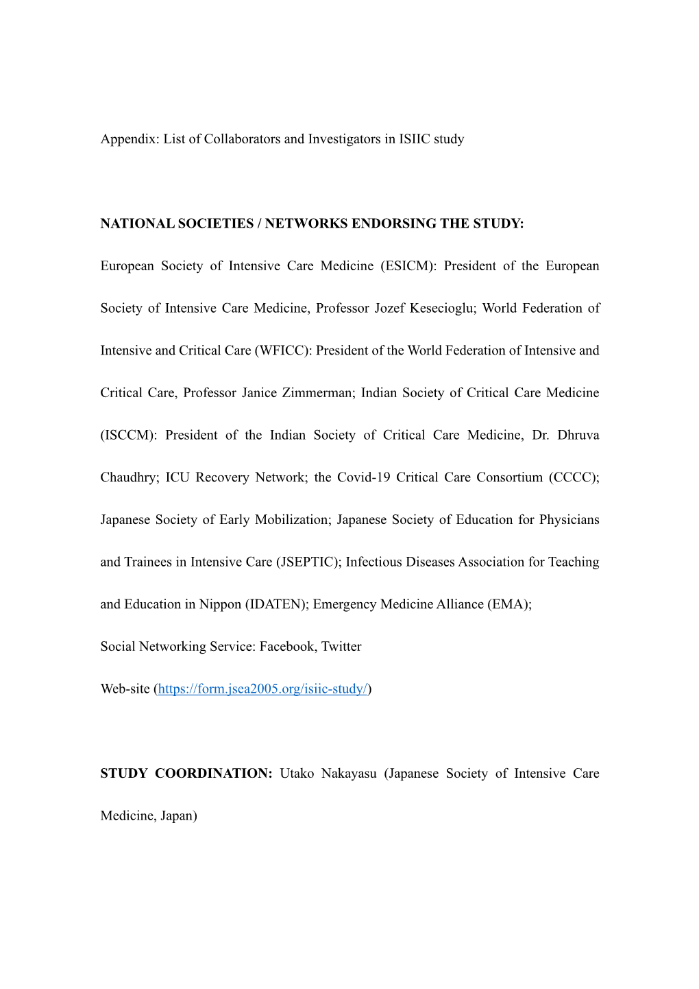 Appendix: List of Collaborators and Investigators in ISIIC Study