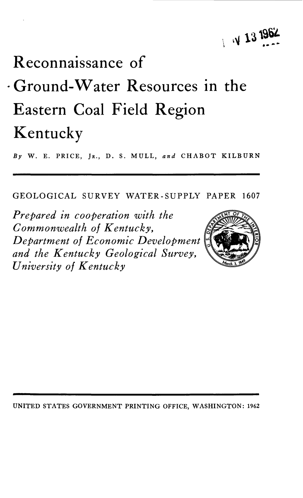 Reconnaissance of Ground-Water Resources in the Eastern Coal Field Region Kentucky