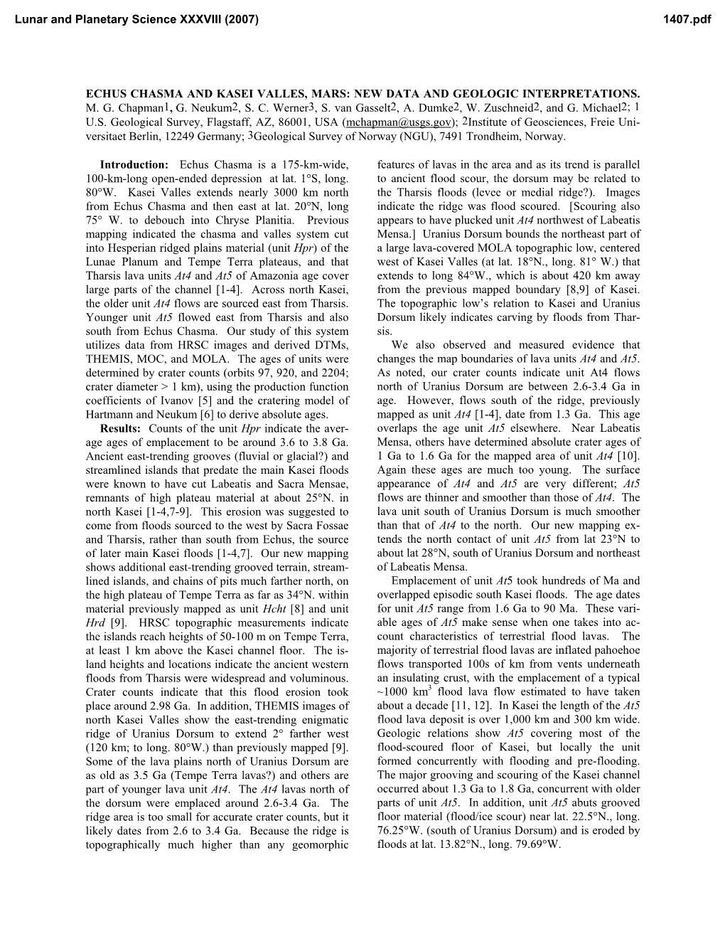 Echus Chasma and Kasei Valles, Mars: New Data and Geologic Interpretations