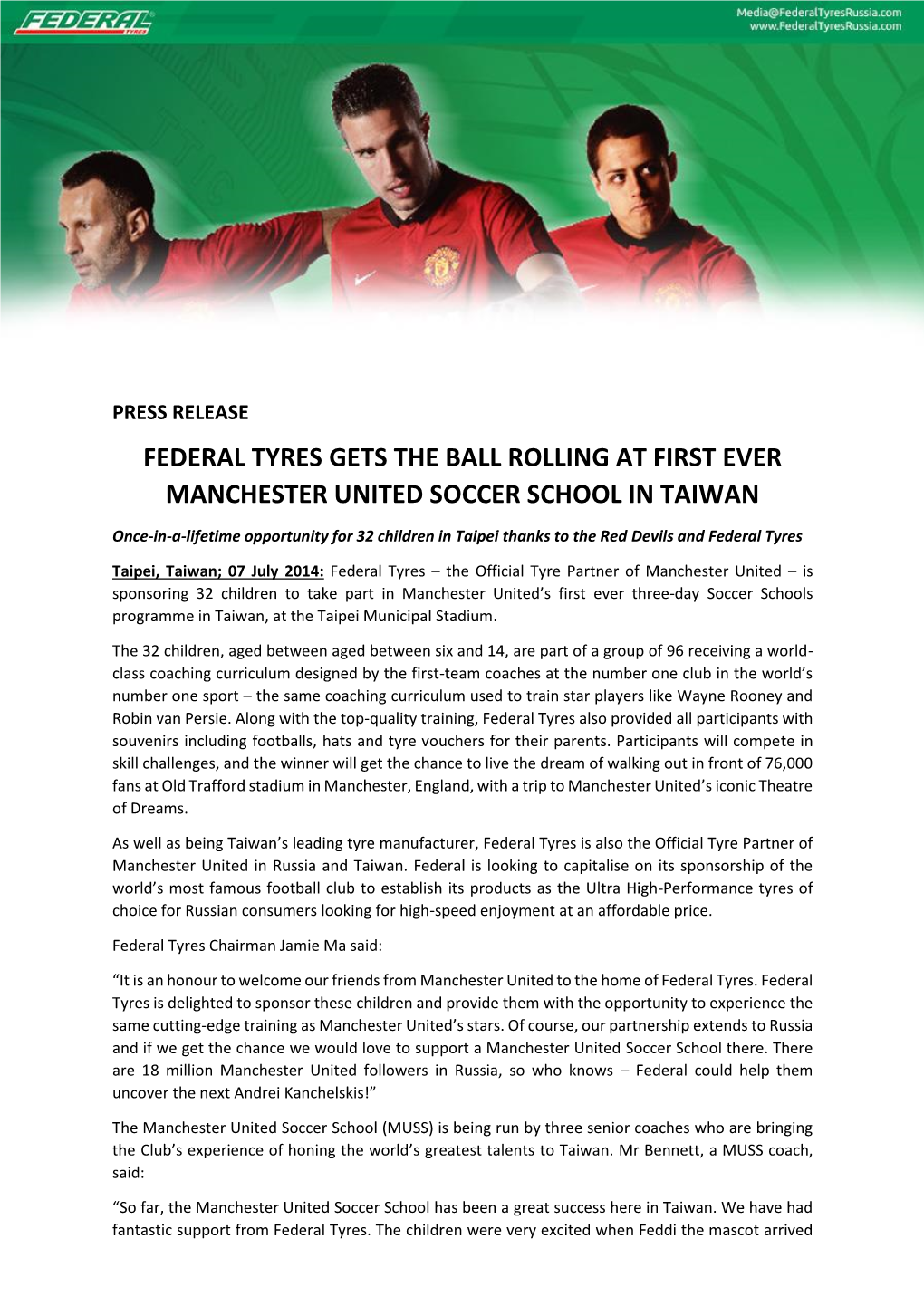 Federal Tyres Gets the Ball Rolling at First Ever Manchester United Soccer School in Taiwan