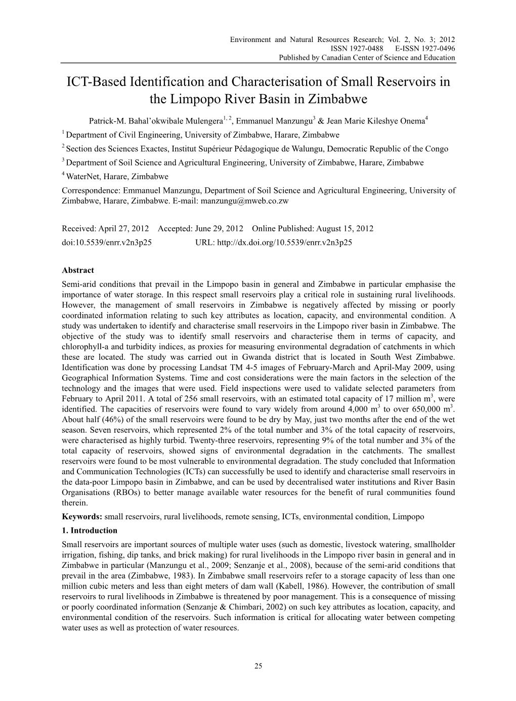 ICT-Based Identification and Characterisation of Small Reservoirs in the Limpopo River Basin in Zimbabwe