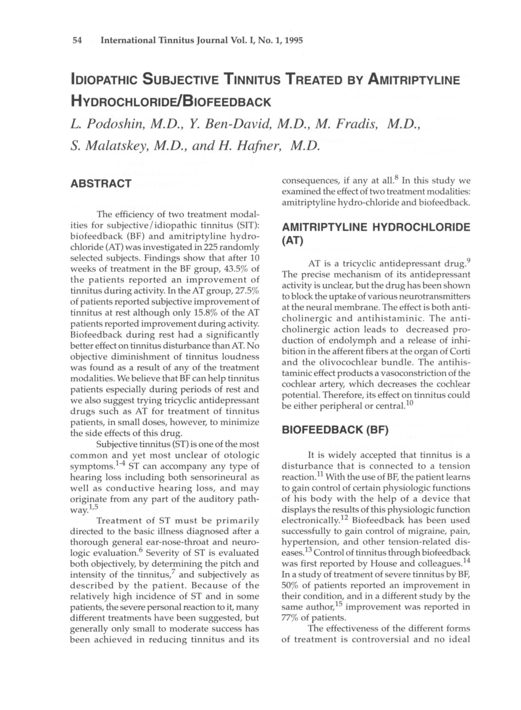 Idiopathic Subjective Tinnitus Treated by Amitriptyline Hydrochloride/Biofeedback L