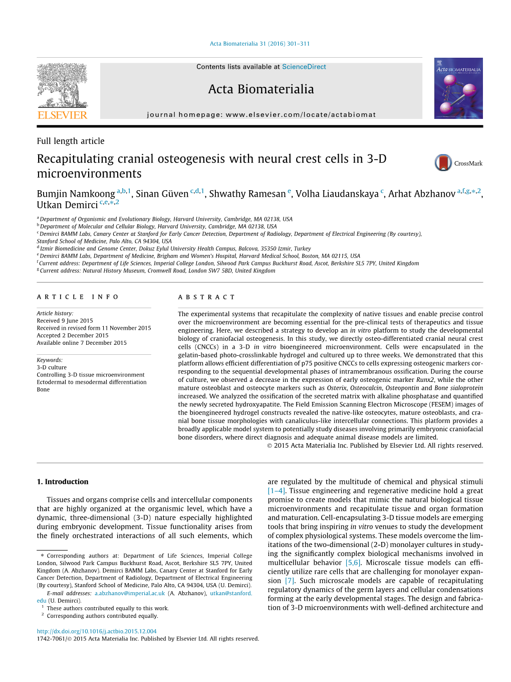 Recapitulating Cranial Osteogenesis with Neural Crest Cells in 3-D