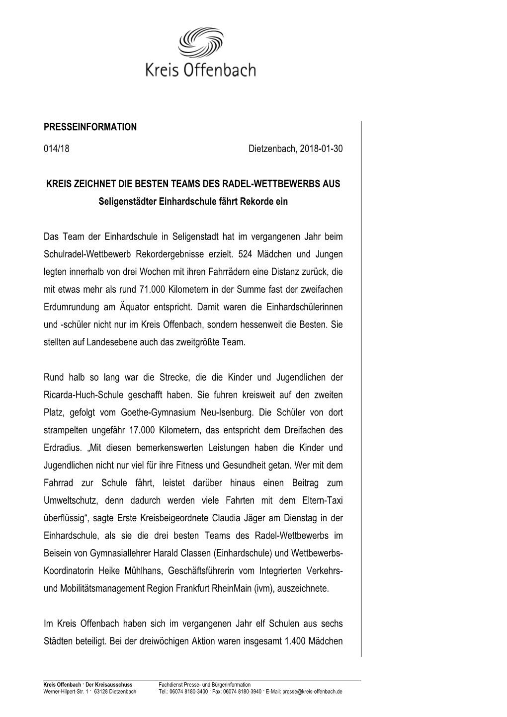 PRESSEINFORMATION 014/18 Dietzenbach, 2018-01-30 KREIS