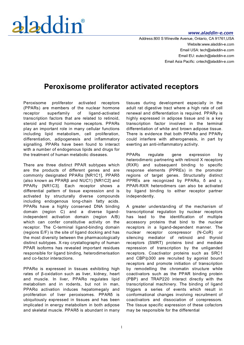 Peroxisome Proliferator Activated Receptors