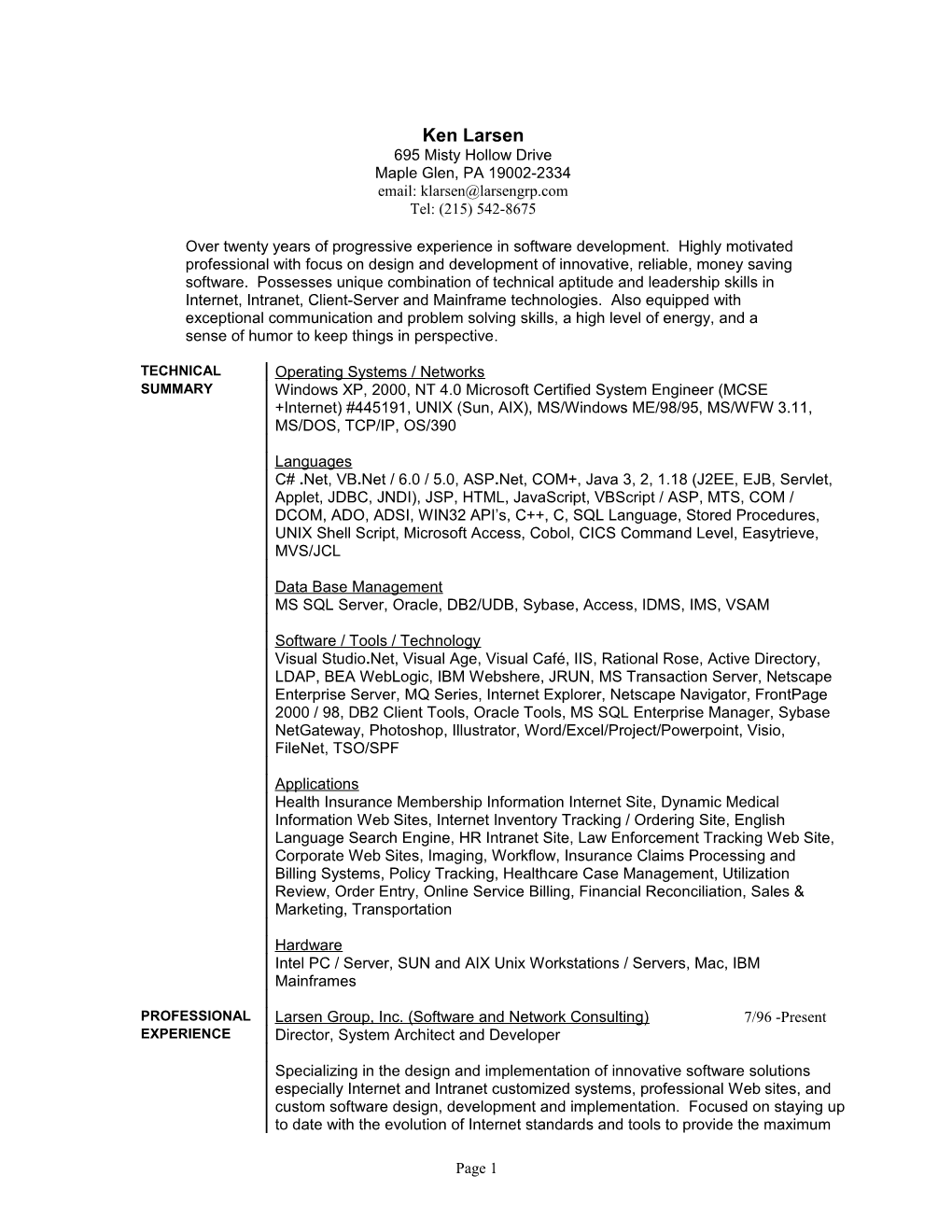 Resume of Ken Larsen