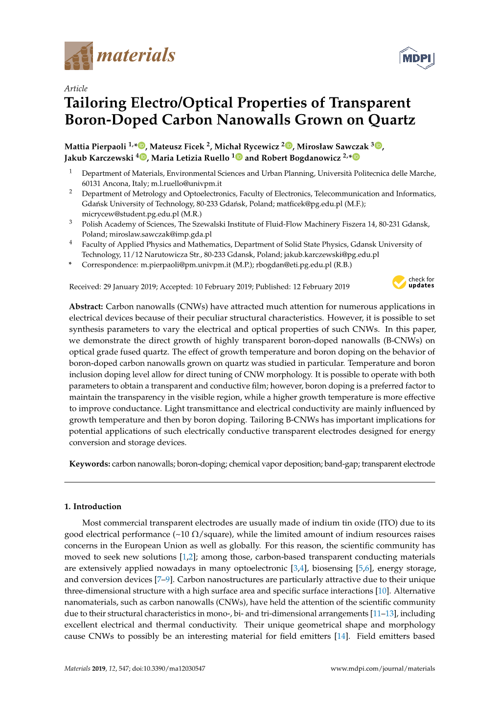 Tailoring Electro/Optical Properties of Transparent Boron-Doped Carbon Nanowalls Grown on Quartz