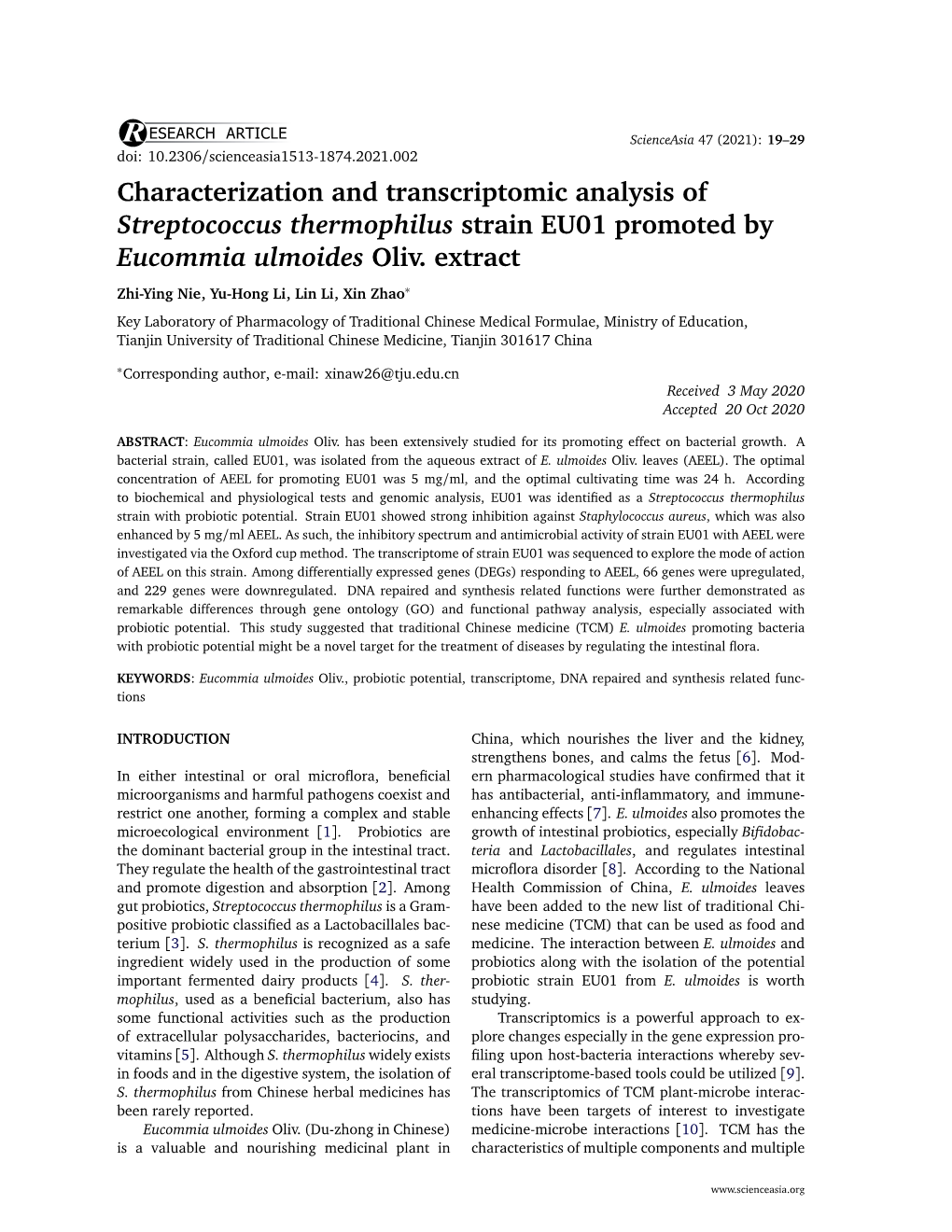 Characterization and Transcriptomic Analysis of Streptococcus Thermophilus Strain EU01 Promoted by Eucommia Ulmoides Oliv. Extract