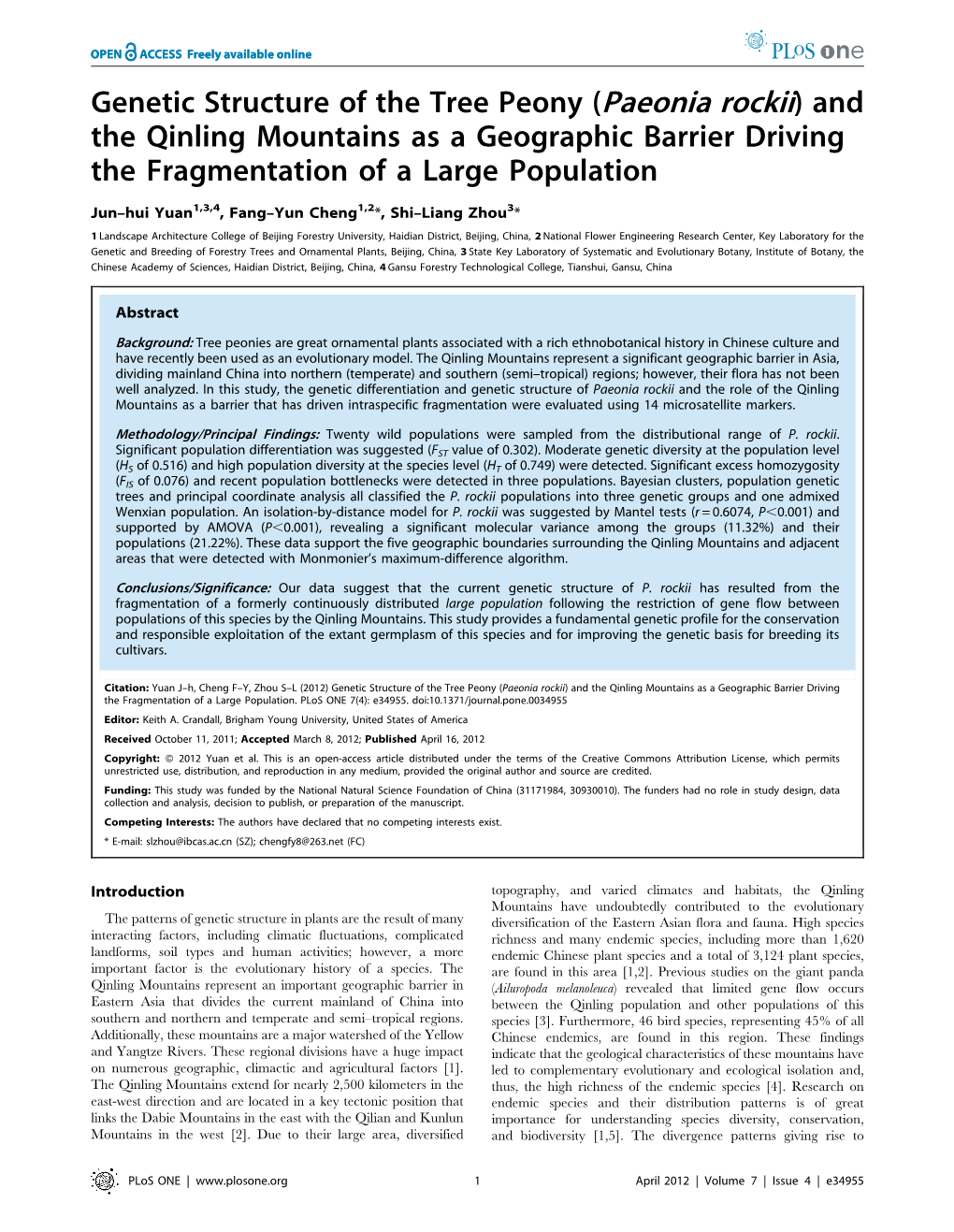 Paeonia Rockii) and the Qinling Mountains As a Geographic Barrier Driving the Fragmentation of a Large Population