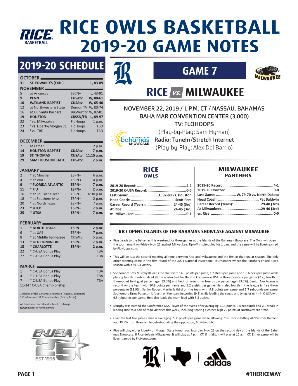 Rice Owls Basketball 2019-20 Game Notes 2019-20 Schedule Game 7 October 31 St