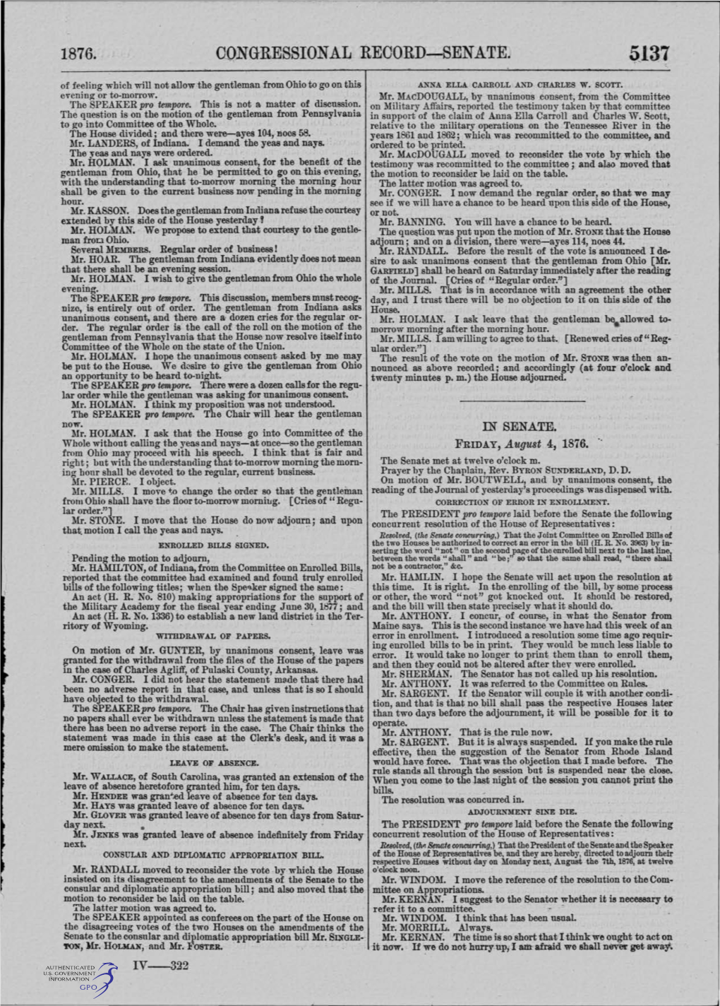 C.ONGRESSIONAL RECORD-SENATE. of Feeling Which Will Not Allow the Gentleman from Ohio to Go on This ANNA ELLA CARROLL A.L.'\TD CHARLES W