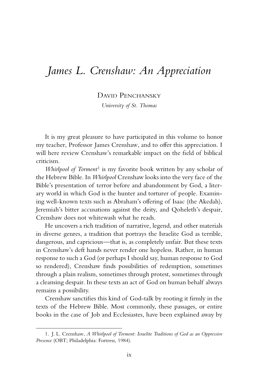 James L. Crenshaw: an Appreciation