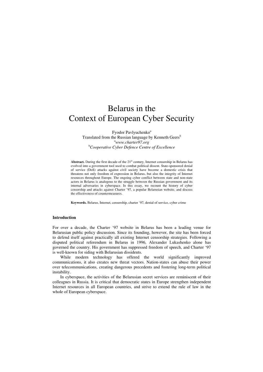 Belarus in the Context of European Cyber Security