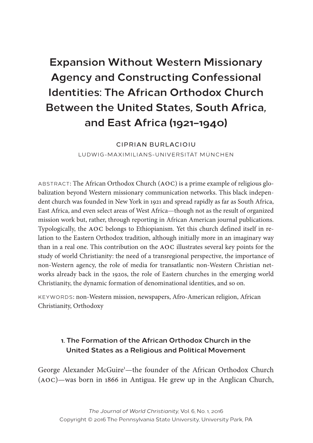 Expansion Without Western Mission and Constructing Confessional Identities: the African Orthodox Church Between the United State