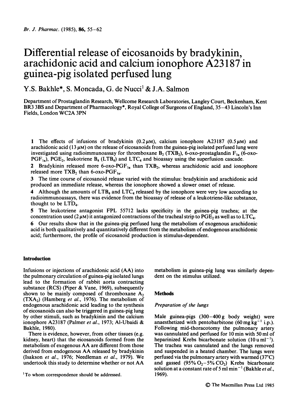 Differential Release of Eicosanoids by Bradykinin, Arachidonic Acid And