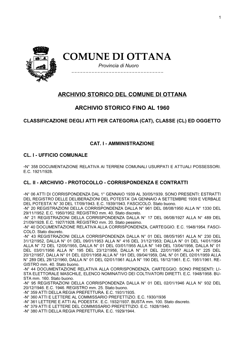 COMUNE DI OTTANA Provincia Di Nuoro Archivio Storico