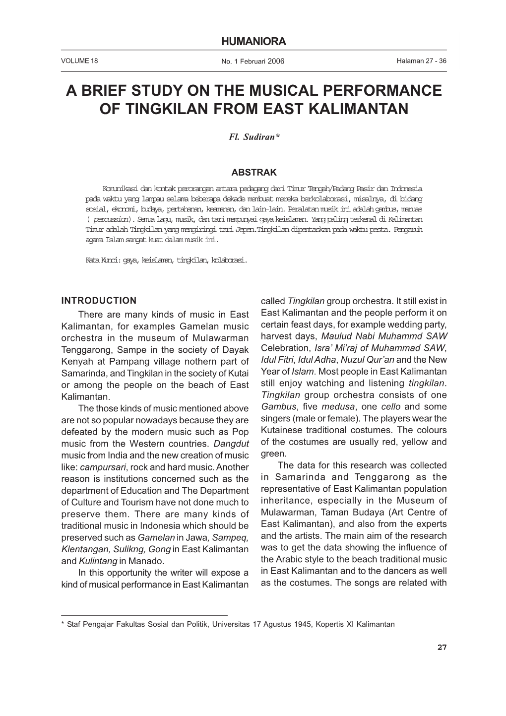 A Brief Study on the Musical Performance of Tingkilan from East Kalimantan