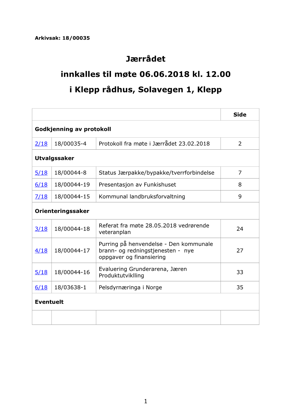 Agenda Jærrådet 2015-2019 06.06.2018 Kl. 12:00