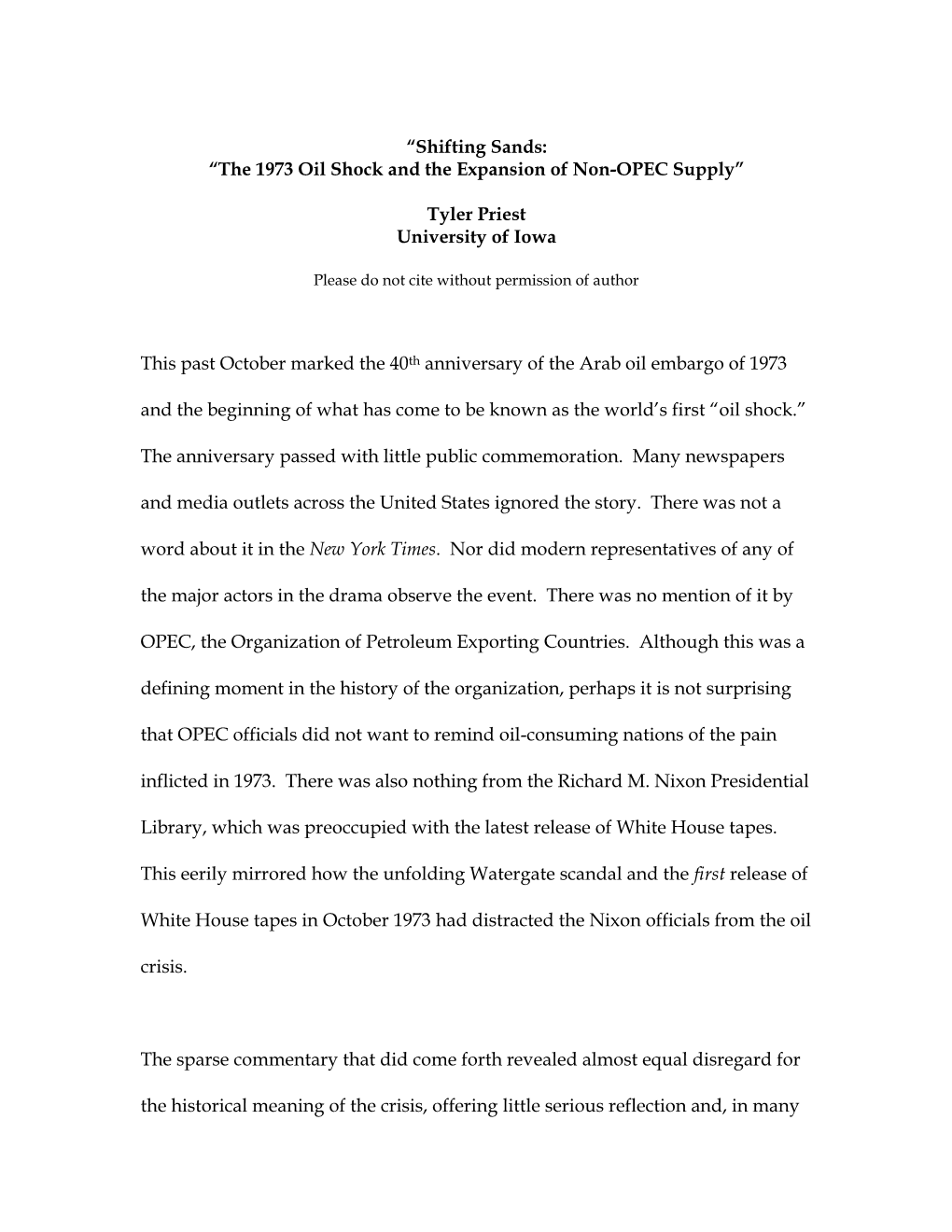 “Shifting Sands: “The 1973 Oil Shock and the Expansion of Non-OPEC Supply”