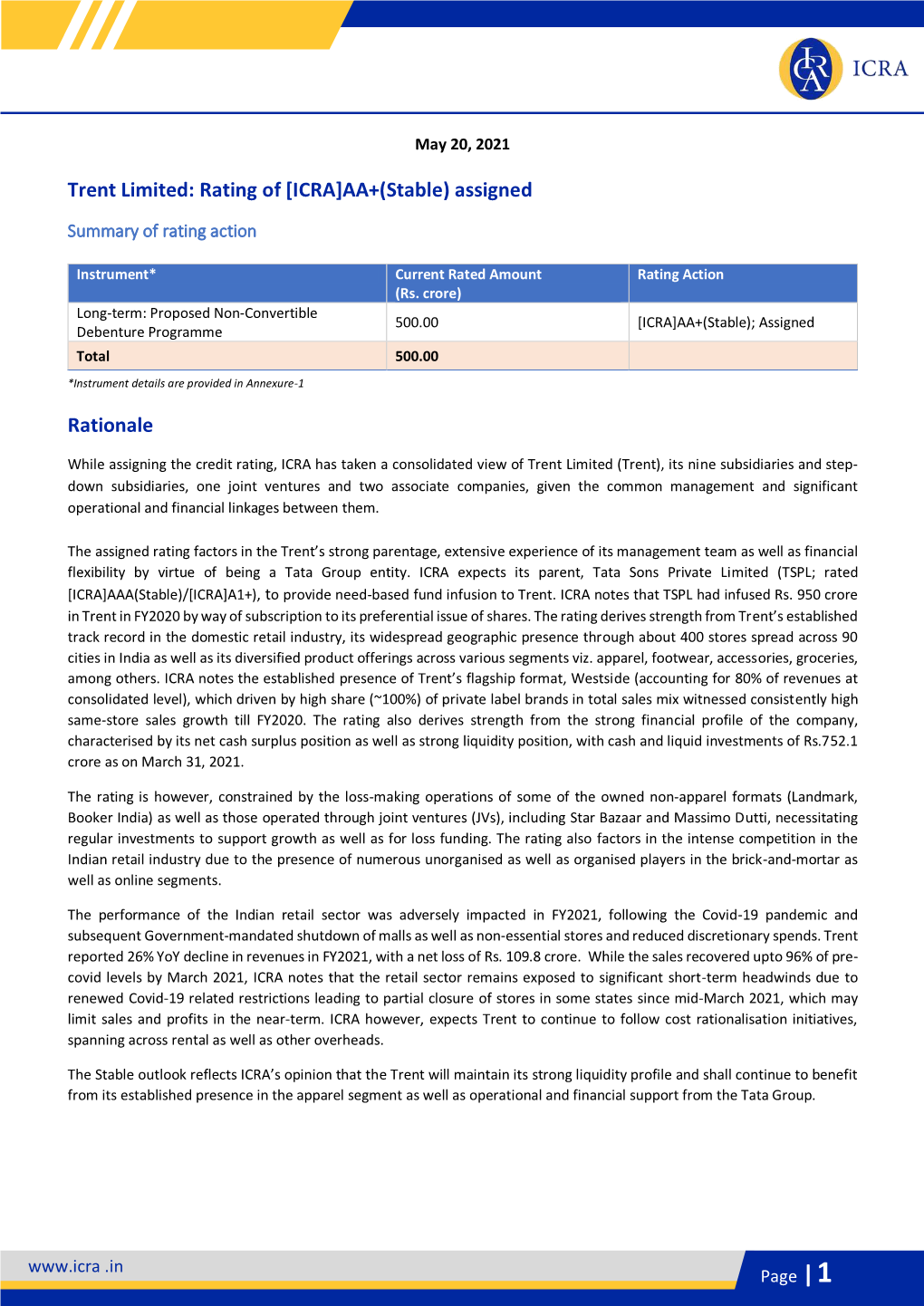 Trent Limited: Rating of [ICRA]AA+(Stable) Assigned Rationale